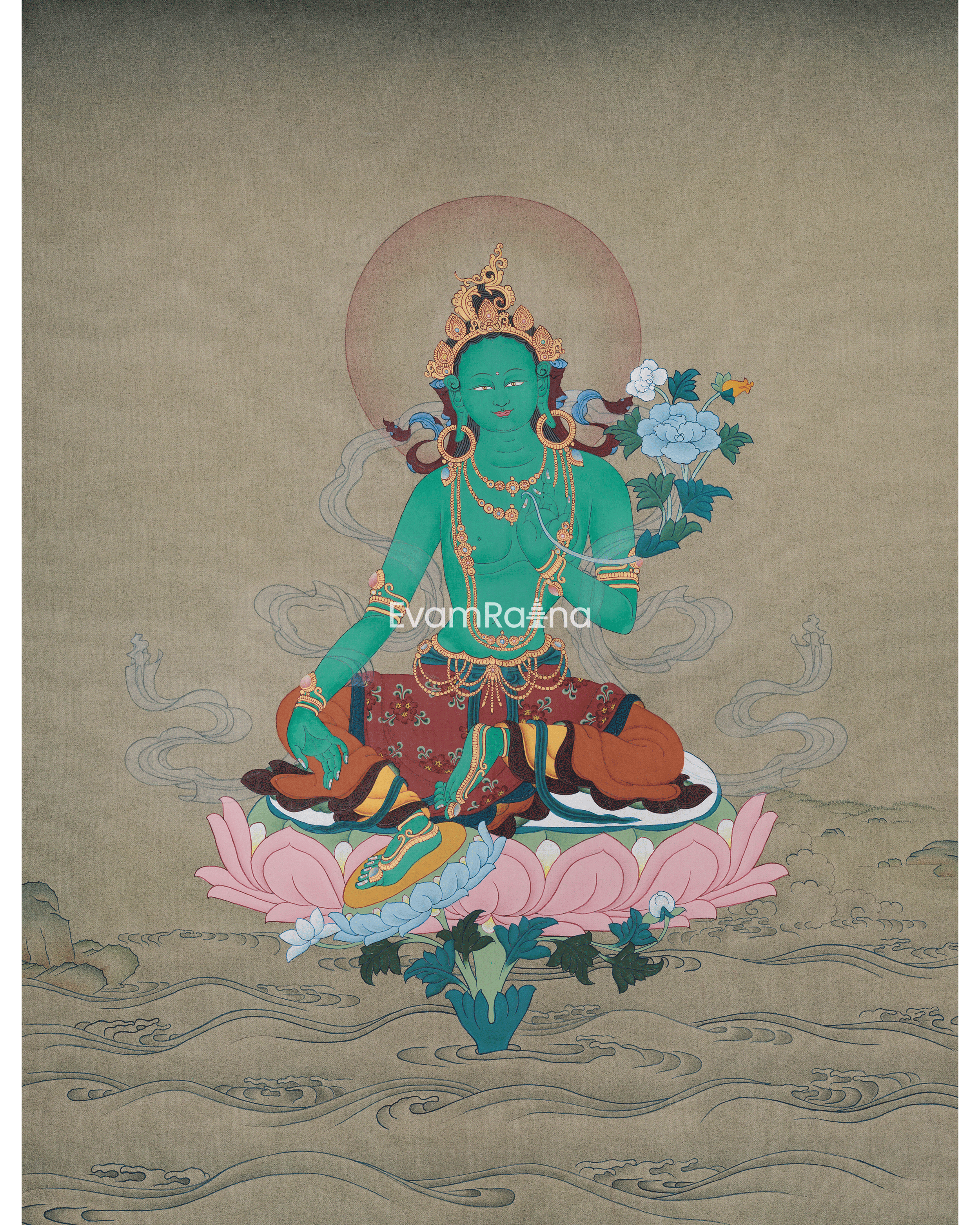 Hand-Painted Compassionate Goddess Green Tara Thangka