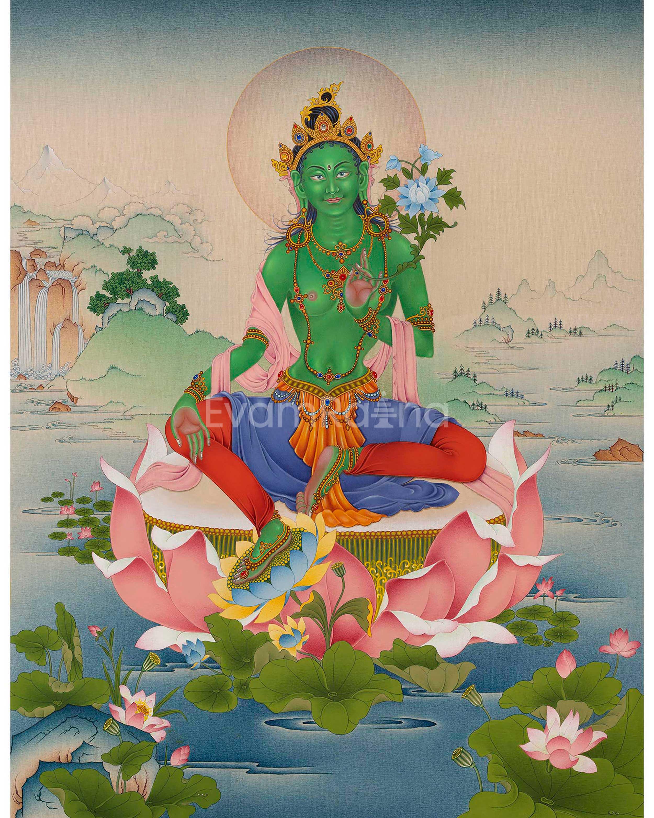 Green Tara Mantra Practice Giclee Print | Himalayan Tibetan Thangka Print Of Mother Tara