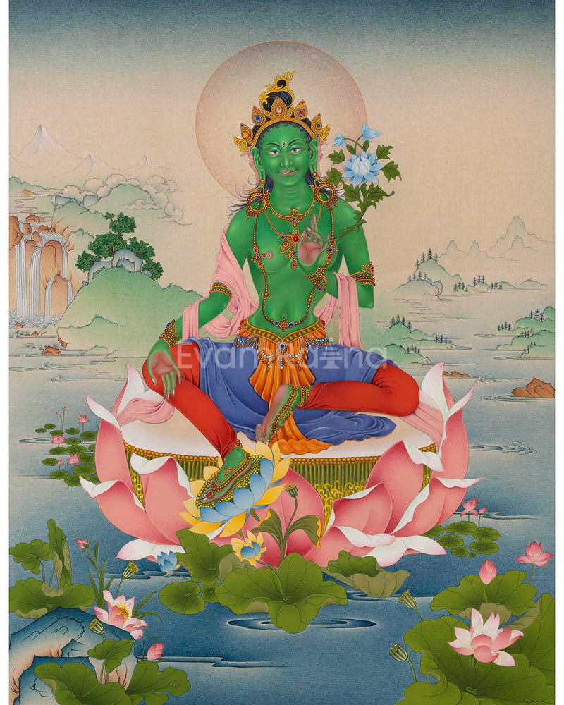 Green Tara Mantra Practice Giclee Print | Himalayan Tibetan Thangka Print Of Mother Tara