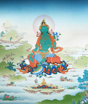 Green Tara Thangka Print | Buddhist Painting Canvas Print