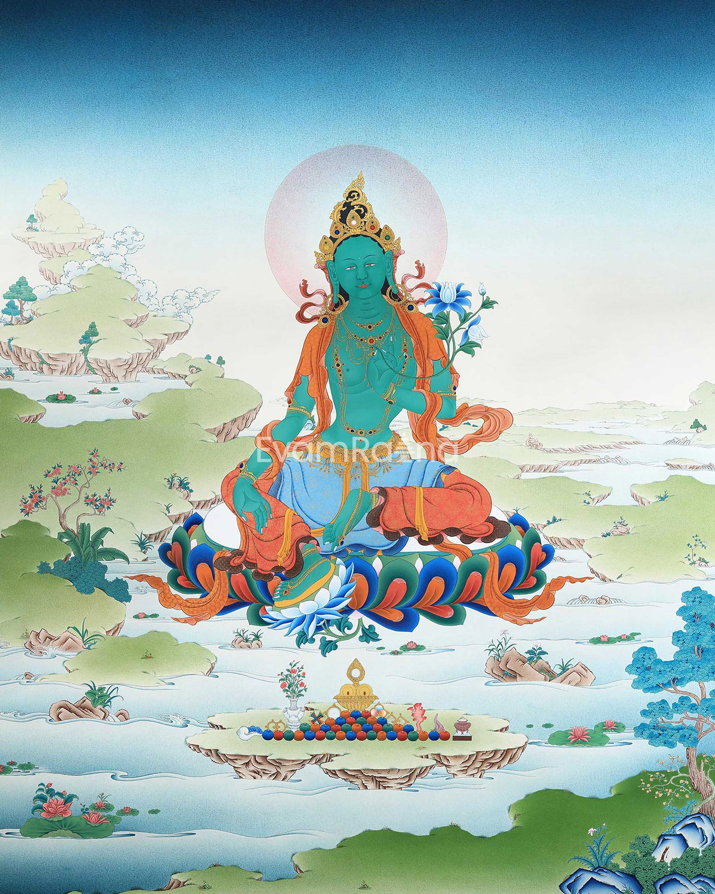 Green Tara Thangka Print | Buddhist Painting Canvas Print