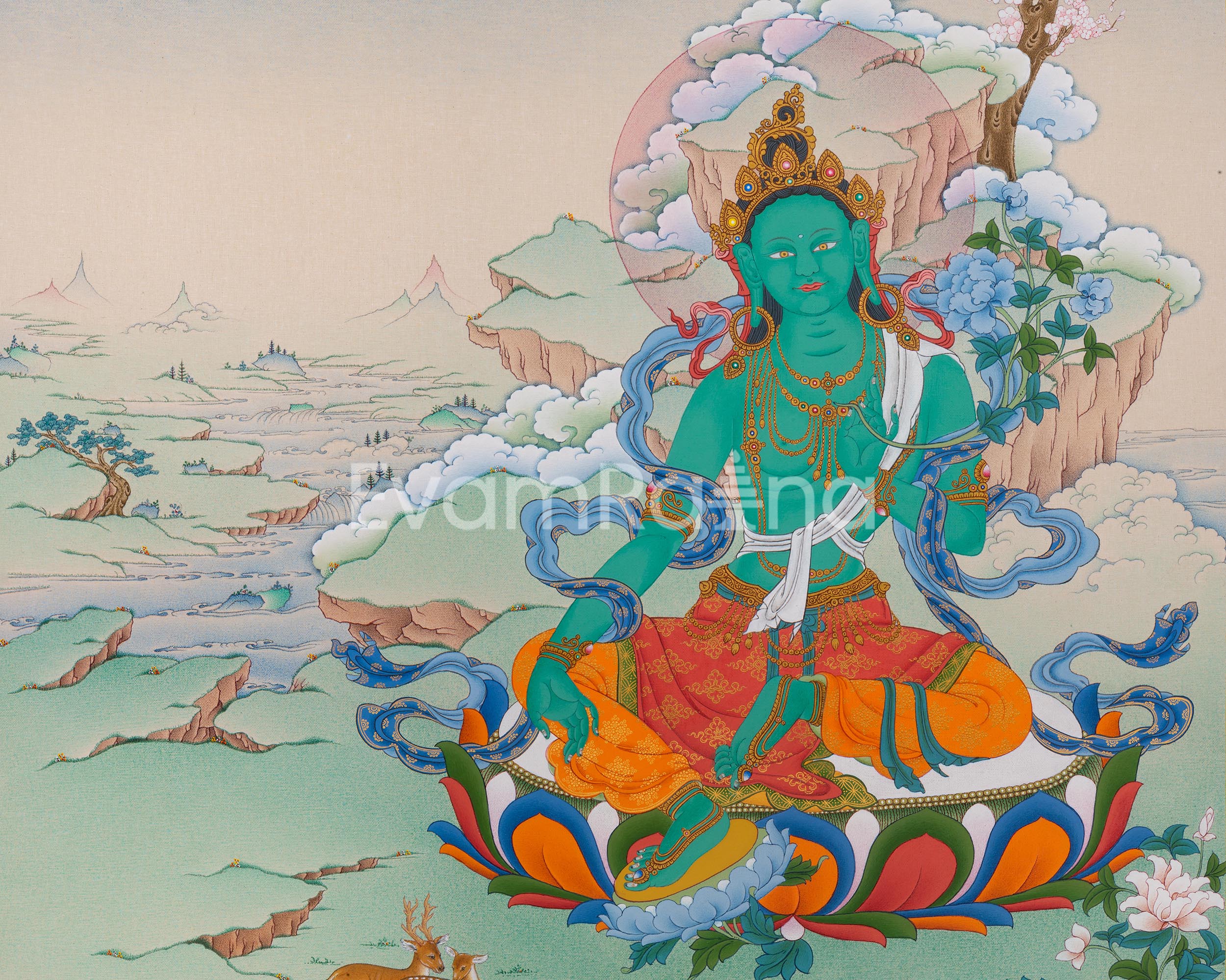 High-Quality Green Tara Thangka Print | Mother Green Tara Giclee Art | Traditional Buddhist Craft