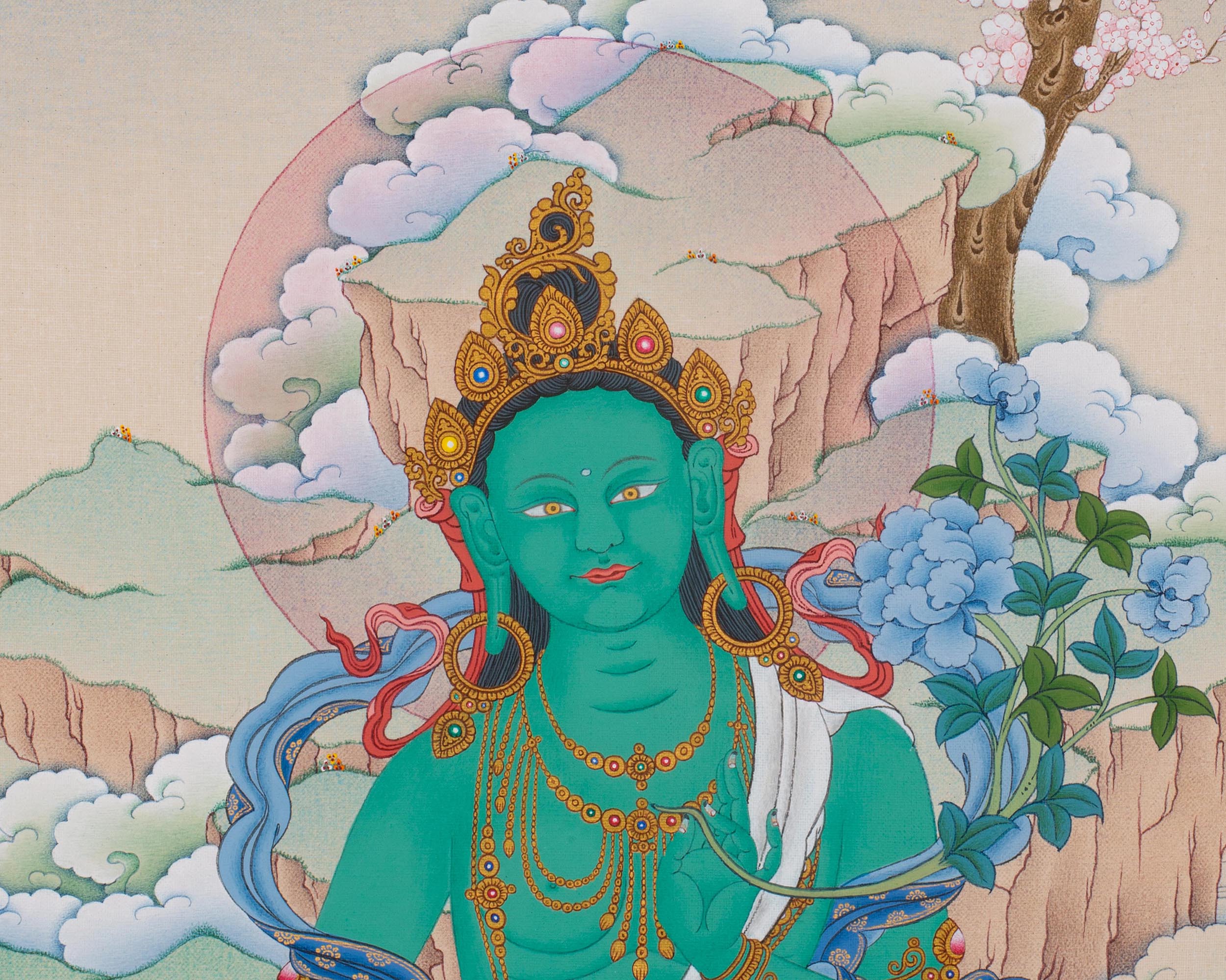 High-Quality Green Tara Thangka Print | Mother Green Tara Giclee Art | Traditional Buddhist Craft