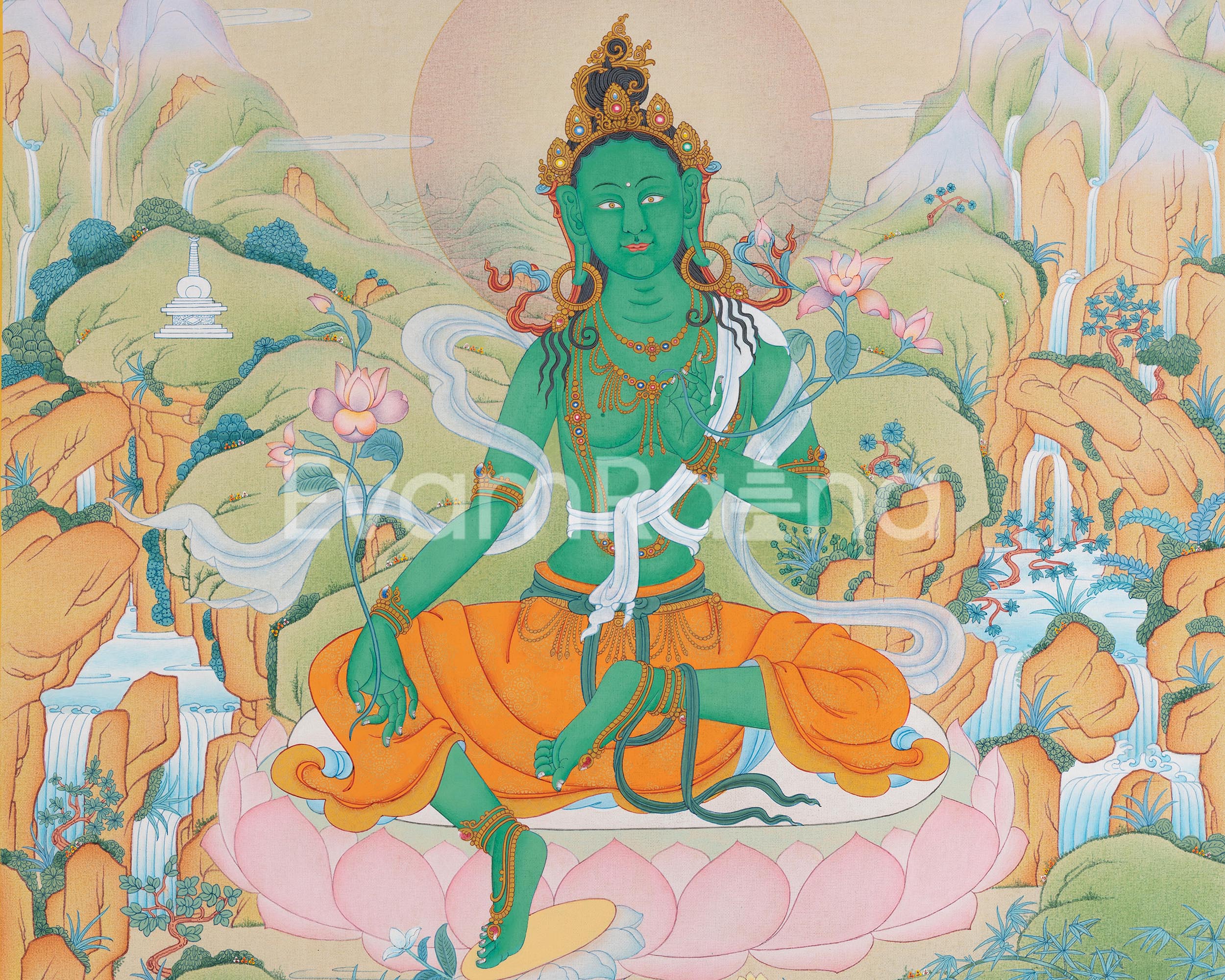 Buddhist Arya Tara Thangka Print | Green Tara Artwork | Goddess of Compassion