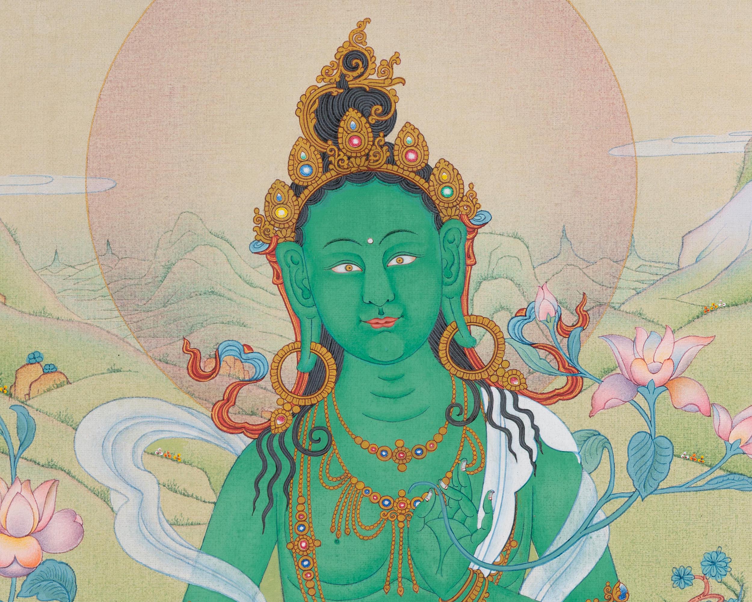 Buddhist Arya Tara Thangka Print | Green Tara Artwork | Goddess of Compassion