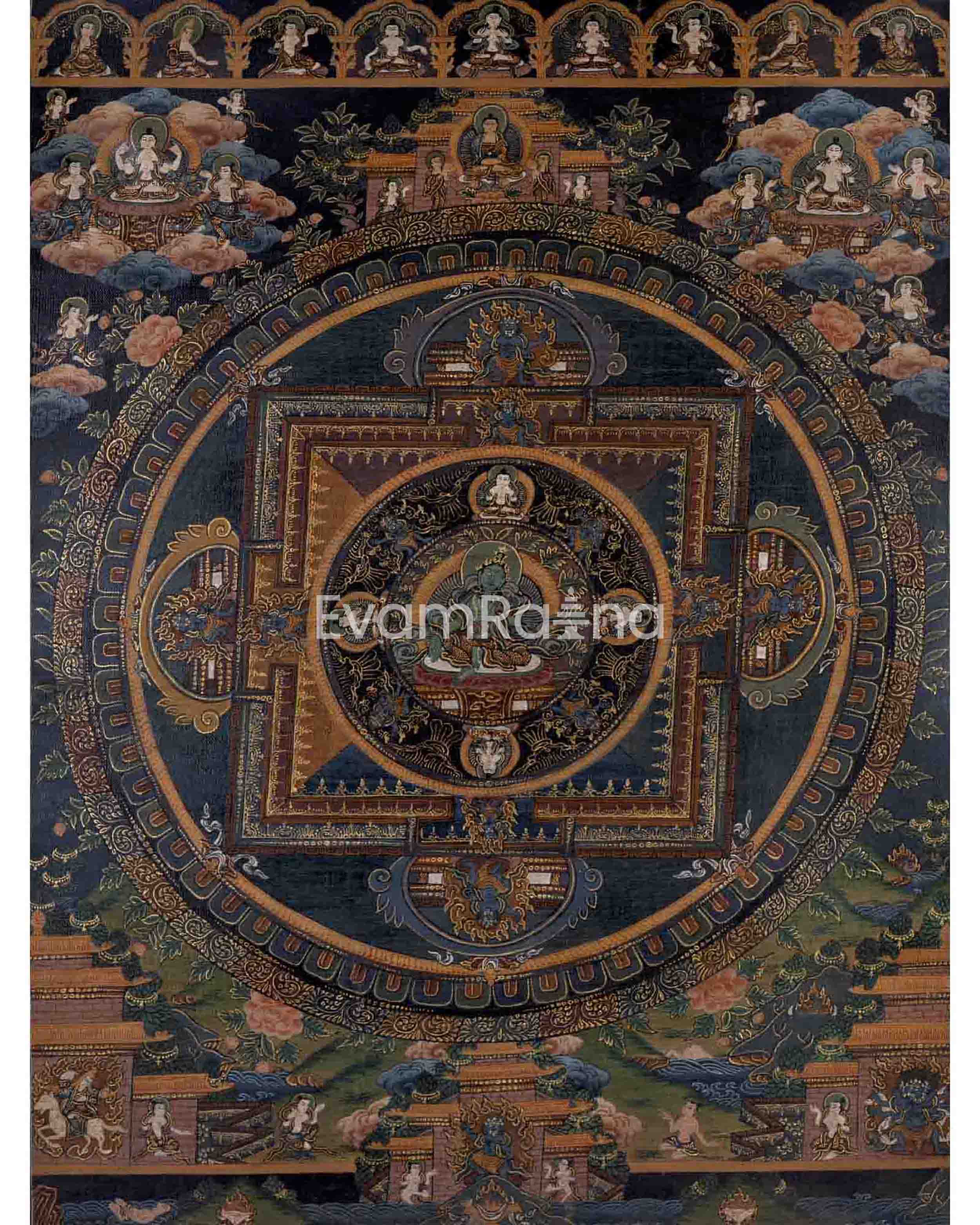 Oil Varnished Green Tara Thangka Mandala