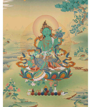 Green Tara Print, Goddess of compassion, Mediation Thangka Art