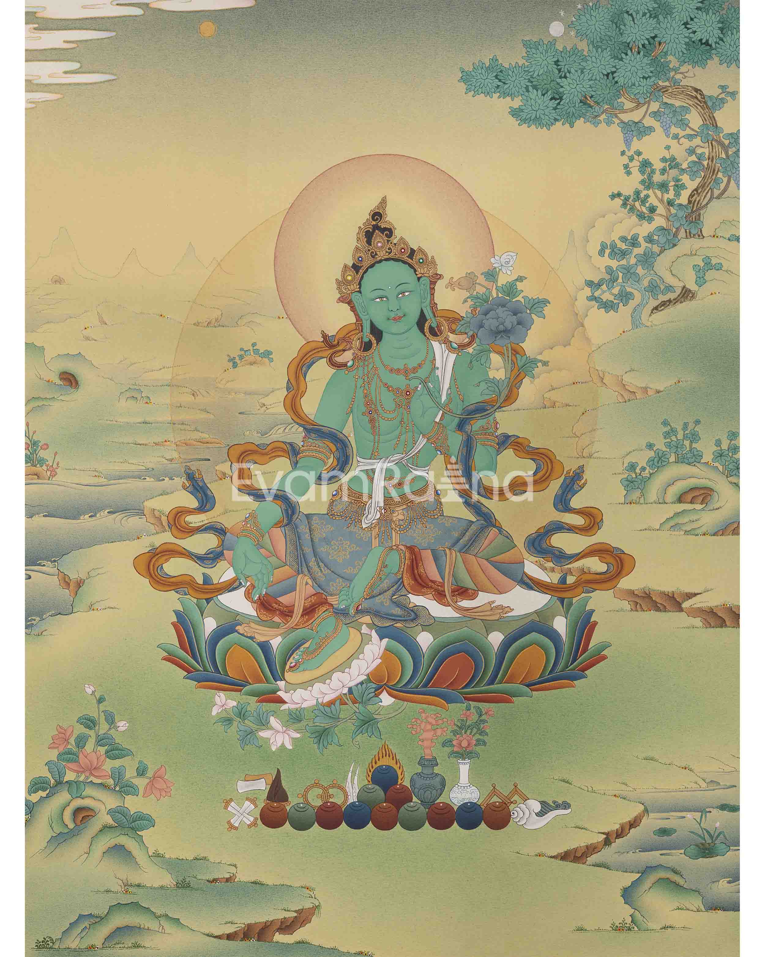 Green Tara Print, Goddess of compassion, Mediation Thangka Art