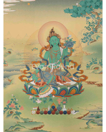 Green Tara Print, Goddess of compassion, Mediation Thangka Art