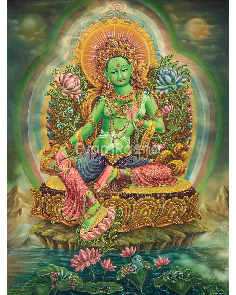 Sacred  Green Tara Thangka Digital Print |  Fine Quality Print