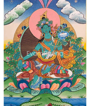 Original Hand-Painted Green Tara Thangka | Tibetan Female Bodhisattva Painting
