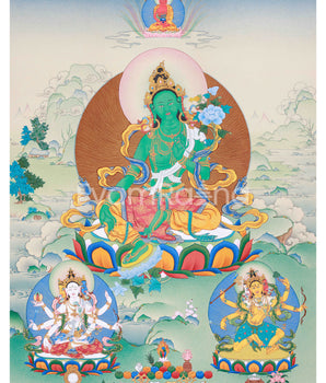 Radiant Green Tara Thangka Print, with Ushnisha (Namgyalma) and Pannasavari