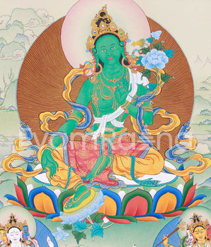 Radiant Green Tara Thangka Print, with Ushnisha (Namgyalma) and Pannasavari