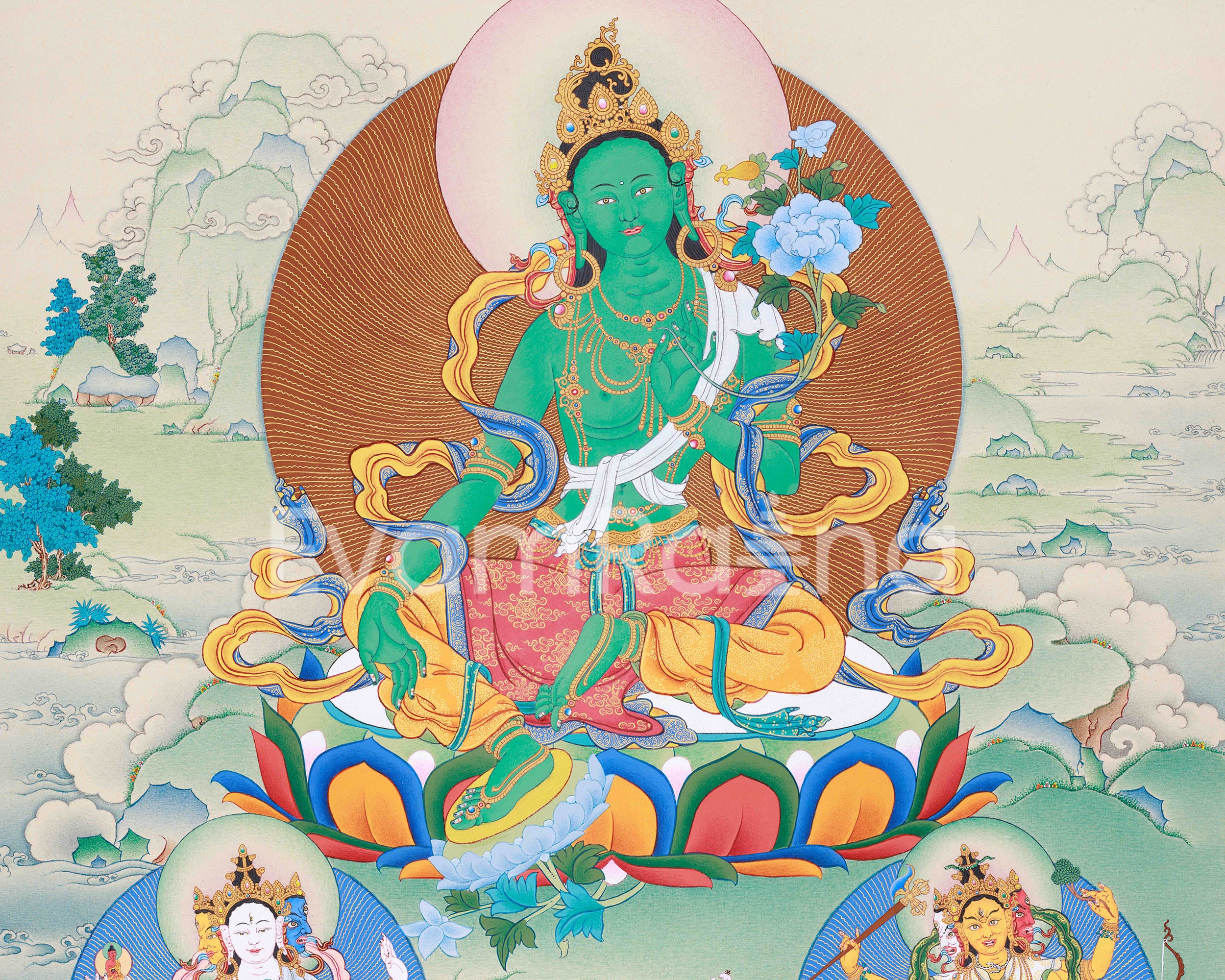 Radiant Green Tara Thangka Print, with Ushnisha (Namgyalma) and Pannasavari