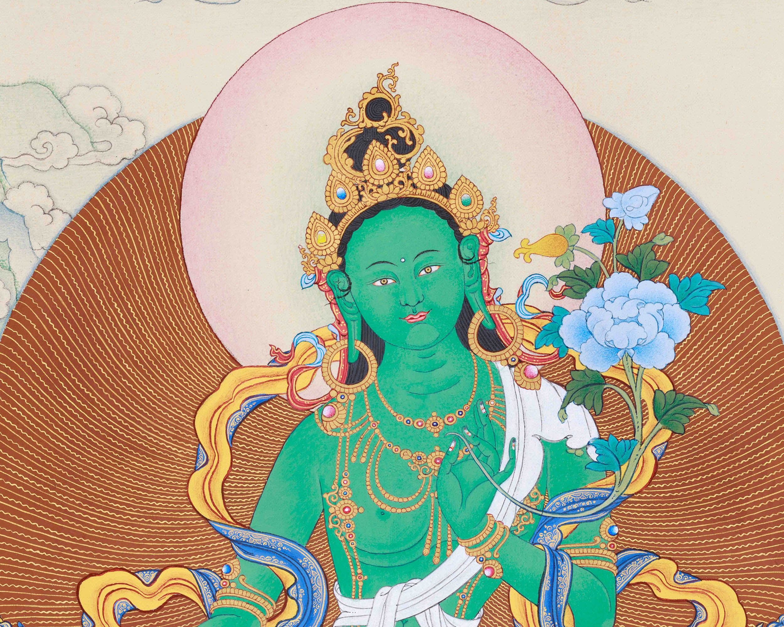 Radiant Green Tara Thangka Print, with Ushnisha (Namgyalma) and Pannasavari