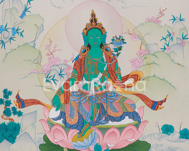 Goddess Jetsun Drolma (Green Tara) Thangka | Unique Tibetan Artistry of Supreme Mother