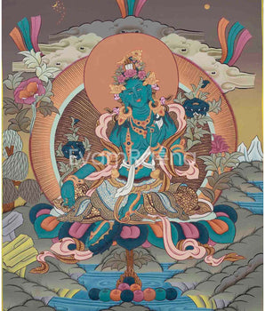 Green Tara Thangka Painting | Beautifully Hand-Painted in Canvas Cotto