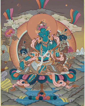 Green Tara Thangka Painting | Beautifully Hand-Painted in Canvas Cotto
