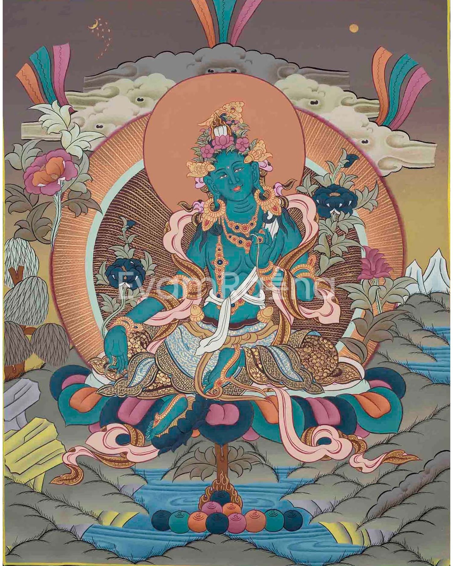 Green Tara Thangka Painting | Beautifully Hand-Painted in Canvas Cotto