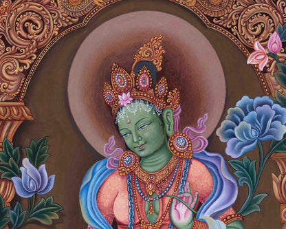 Divine Mother Green Tara Thangka Print | Traditional Artwork | Wall Decors