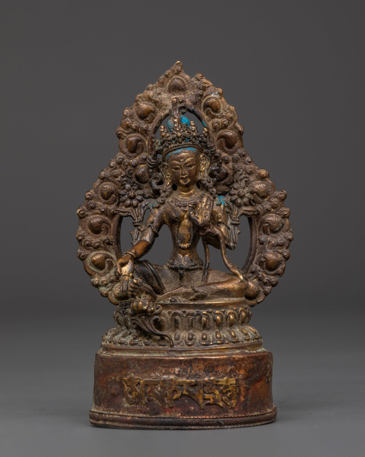 Copper Statue of Green Tara on Throne