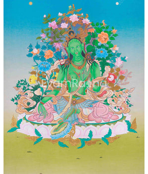 Green Tara Thangka Art | Karma Gadri Style Painting | Himalayan Wall Decor