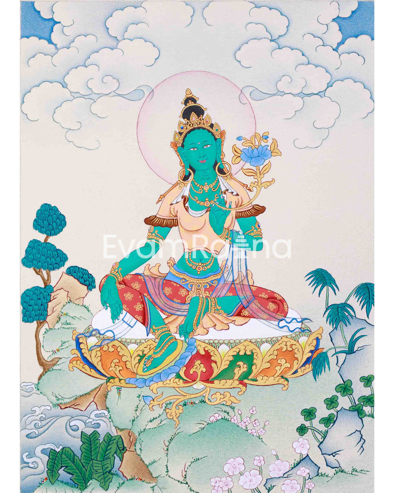 Green Tara Sacred Art | Hand Painted Divine Harmony Thangka | The Goddess of Healing