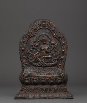 Wood Carved Green Tara Statue | 25.5 cm Tall Wooden Sculpture