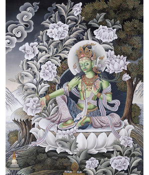 Traditional Thangka For Green Tara Buddha Mantra Practice | Newari Pauba Giclee Print