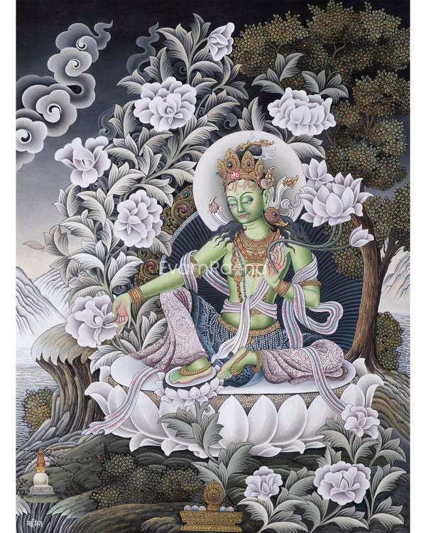 Traditional Thangka For Green Tara Buddha Mantra Practice | Newari Pauba Giclee Print