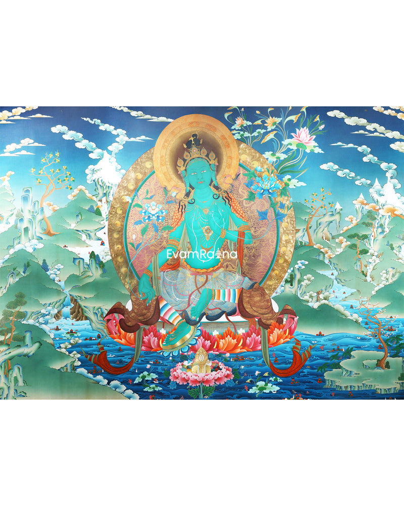 Green Tara Thangka, Tibetan Tara, Quality Canvas Print