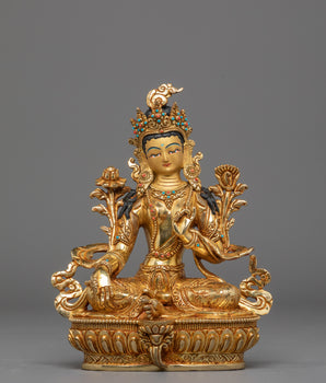 Mother Shyama Tara Sacred Statue | Gold Plated Copper Sculpture with Coral & Turquoise