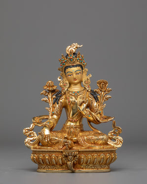 Mother Shyama Tara Sacred Statue | Gold Plated Copper Sculpture with Coral & Turquoise
