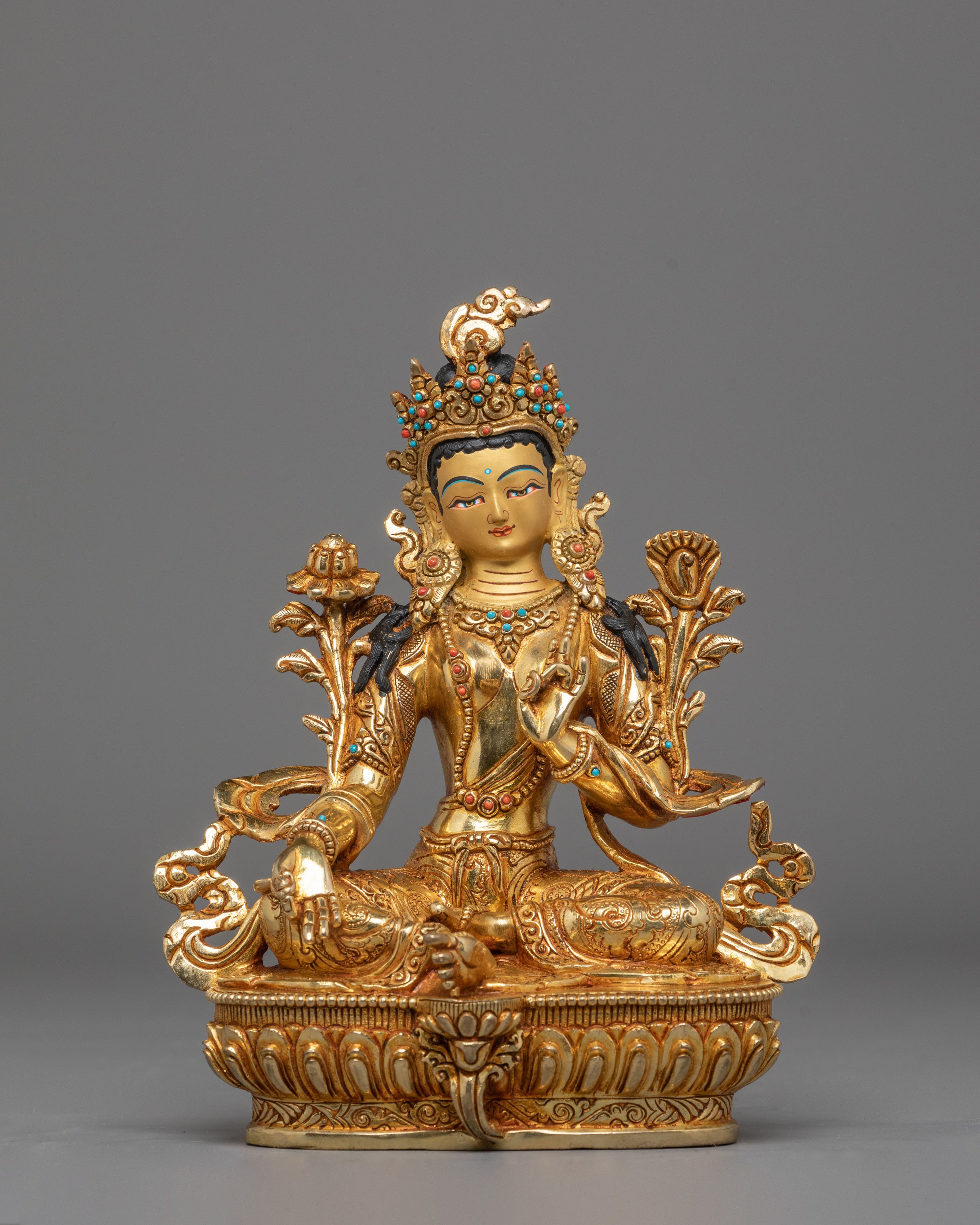 Mother Shyama Tara Sacred Statue | Gold Plated Copper Sculpture with Coral & Turquoise