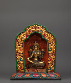 Vintage 25+ year old  Green Tara Sculpture With Wooden Throne | Handmade Buddhist Female Goddess