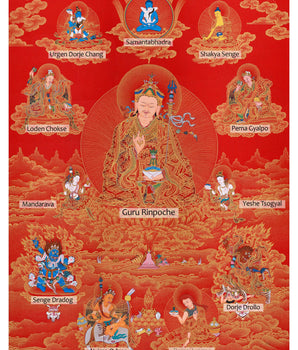 Guru Sangye Thangka | Eight Manifestations of Padmasambhava | Red & Gold Artwork