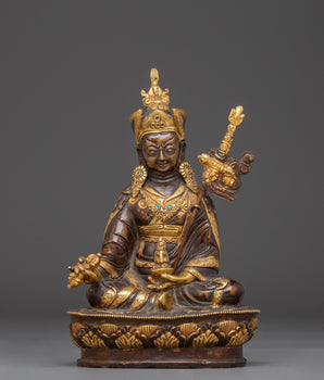 Oxidized Copper Statue of Guru Rinpoche | Gold-Plated Tibetan Spiritual Figure