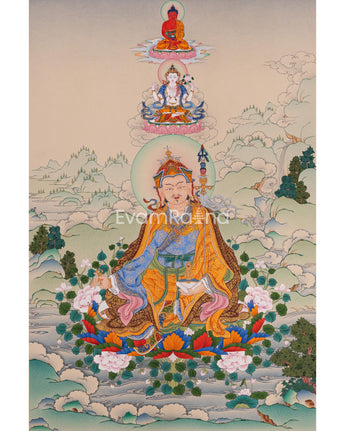 Guru Rinpoche with Chenrezig and Amitabha Buddha Thangka