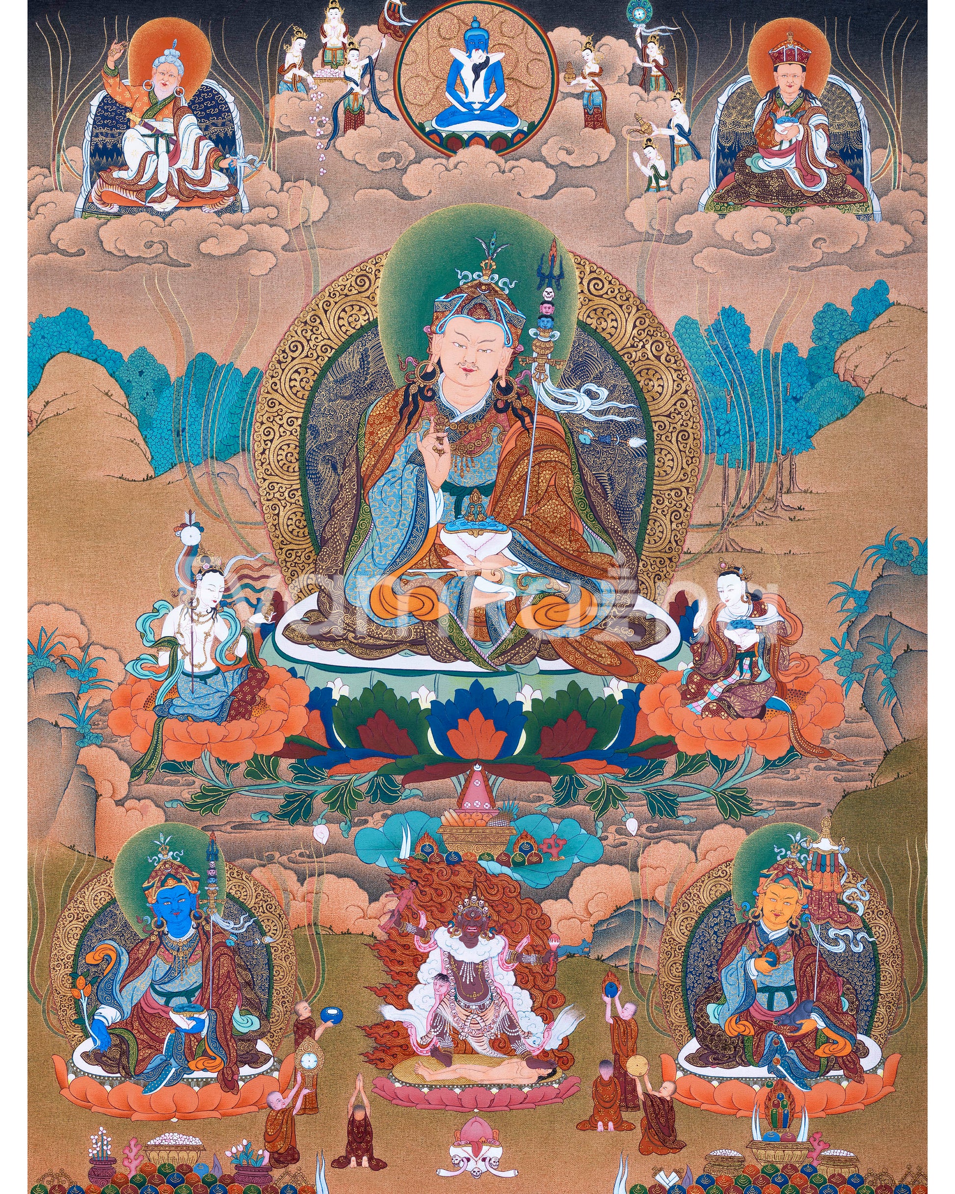 Guru Rinpoche With Guru Norla and Urgen Menla Thangka 