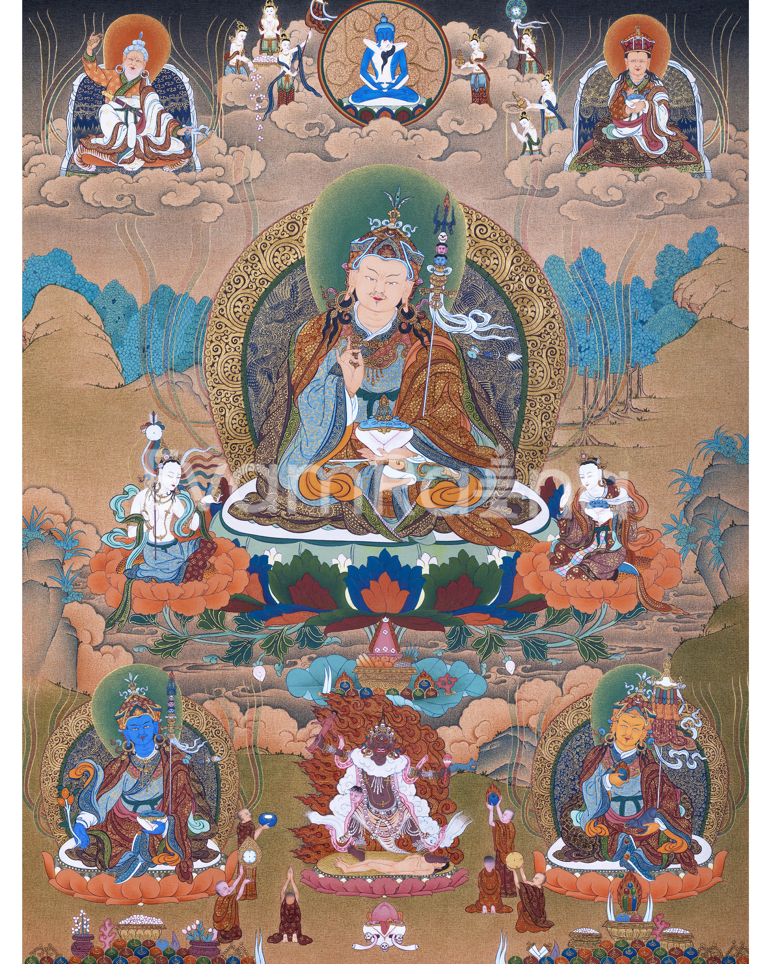 Guru Rinpoche With Guru Norla and Urgen Menla Thangka 