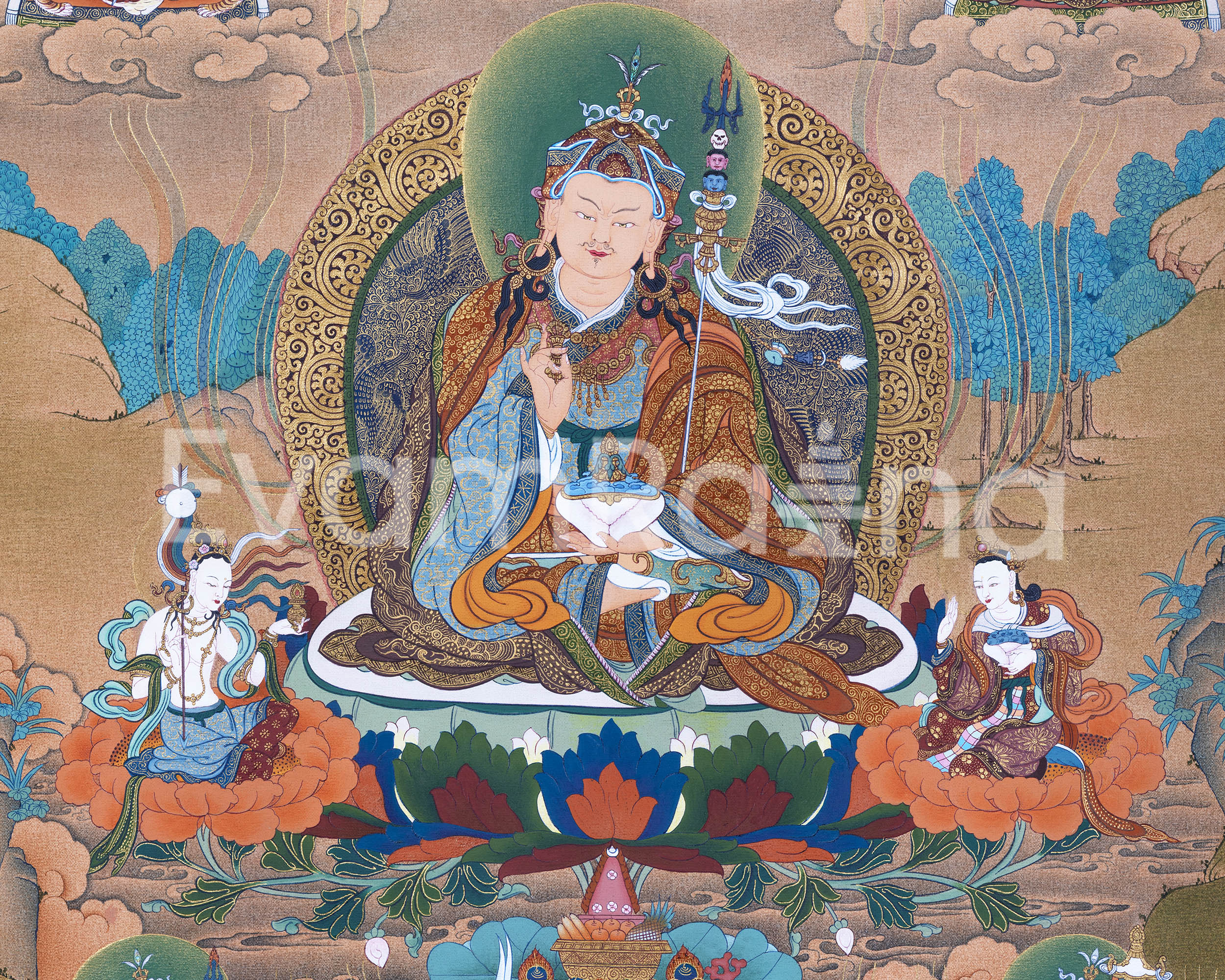 Guru Rinpoche With Guru Norla and Urgen Menla Thangka | Vajrayana Thangka Prints | Buddhist Art