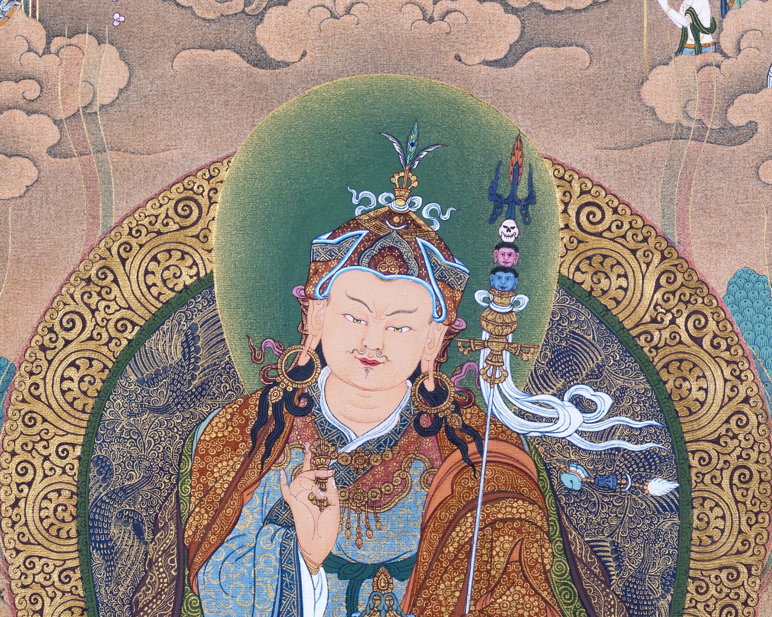 Guru Rinpoche With Guru Norla and Urgen Menla Thangka | Vajrayana Thangka Prints | Buddhist Art