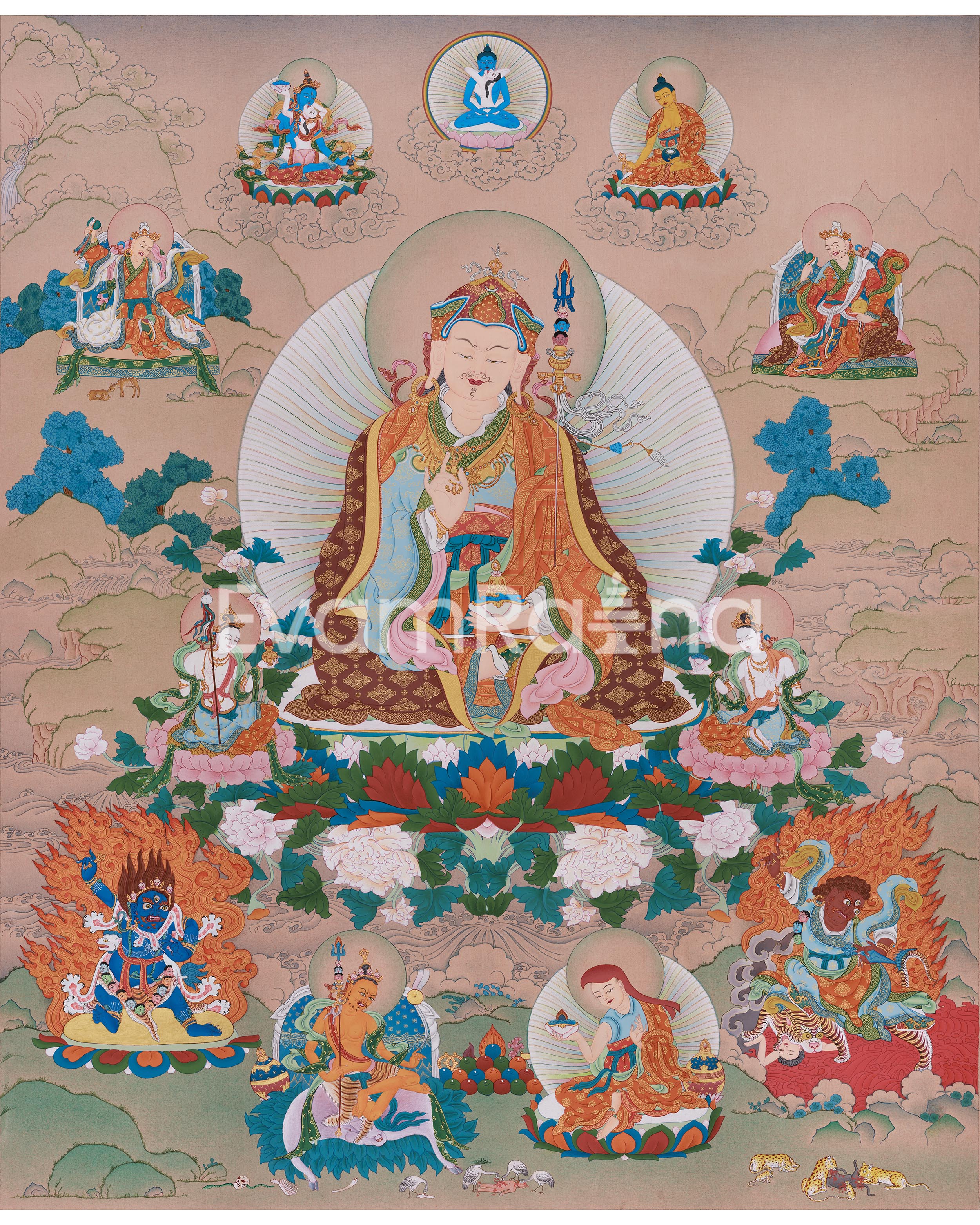 Majestic Thangka of Eight Manifestations of Guru Padmasambhava | Iconic Forms of the Lotus-Born Master
