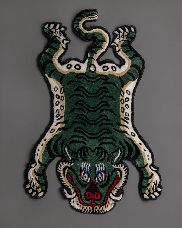 Green, Black Knotted Tiger Rug | Traditional Wool Carpet