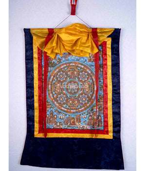 Lokeshvara Original Hand-Painted Mandala Thangka With Brocade 