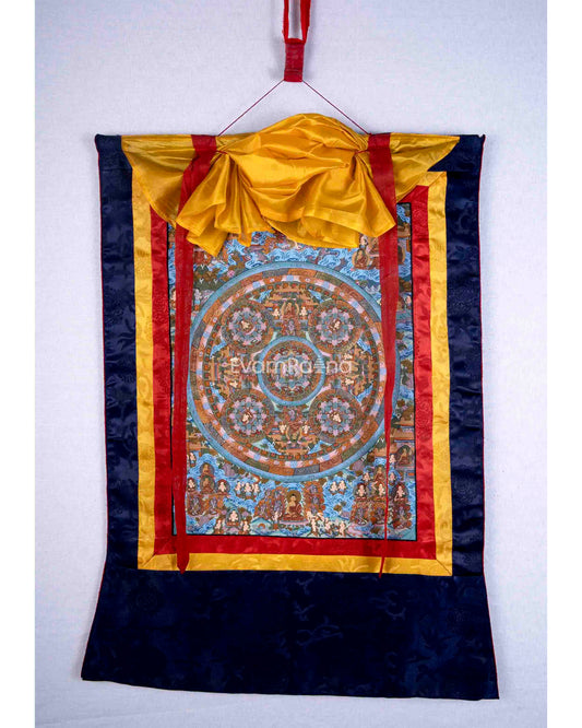 Lokeshvara Original Hand-Painted Mandala Thangka With Brocade 