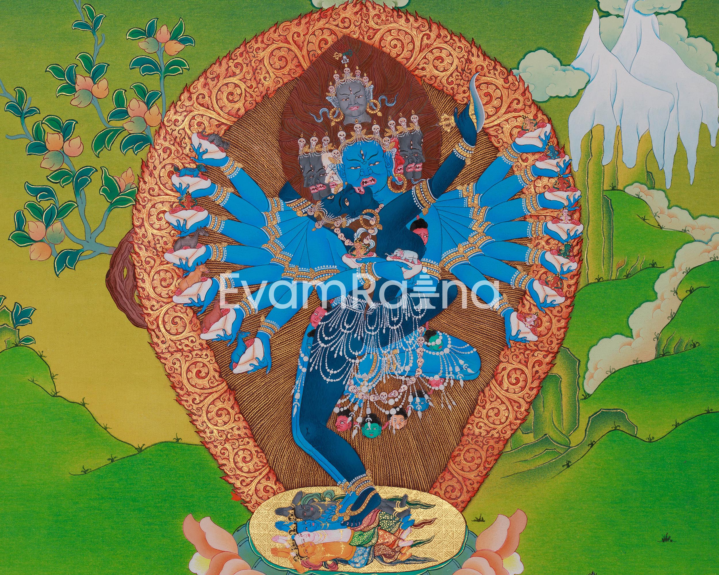 Yidam Hevajra Yab-Yum Thangka | Vajradhara & Mahakalas
