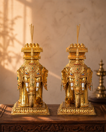Tibetan Elephant Set Statue | Gold-Plated Brass Elephant Pair for Decor