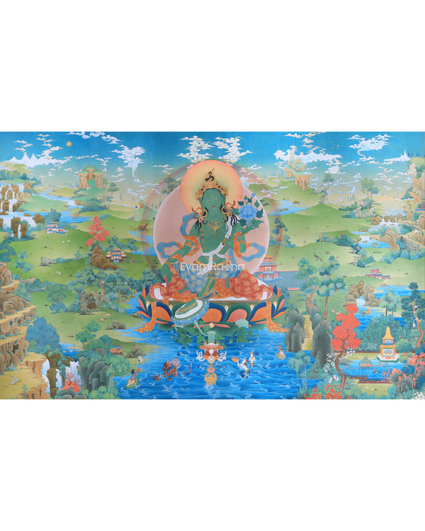 Green Tara Thangka Painting, Tibetan Tara Buddhist Art,  High Quality Giclee Canvas Print, Digital Print, Tara