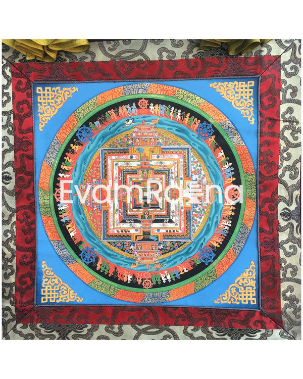 Kalachakra Blue Themed Original Hand-Painted Brocaded Tibetan Thangka 